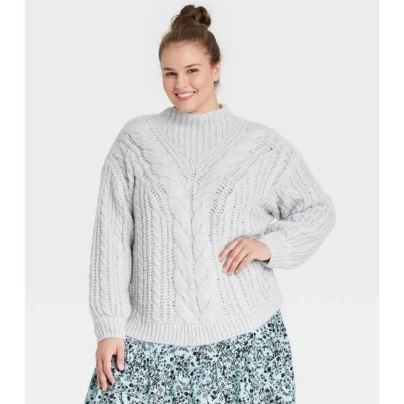 Ava & Viv Sweater Gray Cable Knit Crewneck Long Sleeve Pullover - Picture 1 of 9